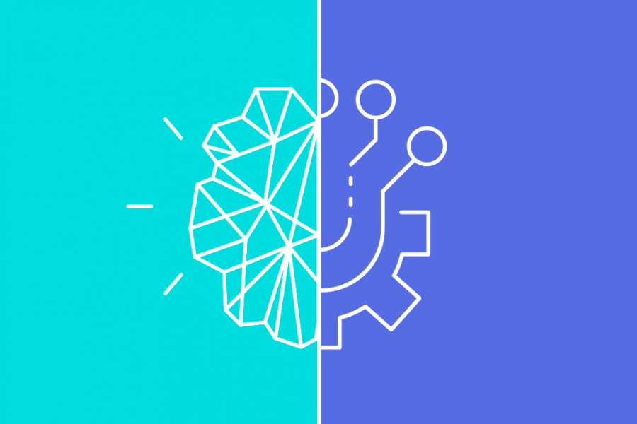 Illustration über die Zusammenarbeit von Mensch und Maschine. Sie symboliert Machine Learning. Das Gehirn ist auf cyan-blauem Hintergrund abgebildet, die Maschine auf violettem Hintergrund.