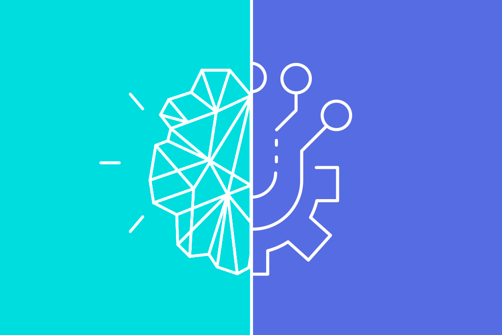 Illustration über die Zusammenarbeit von Mensch und Maschine. Sie symboliert Machine Learning. Das Gehirn ist auf cyan-blauem Hintergrund abgebildet, die Maschine auf violettem Hintergrund.